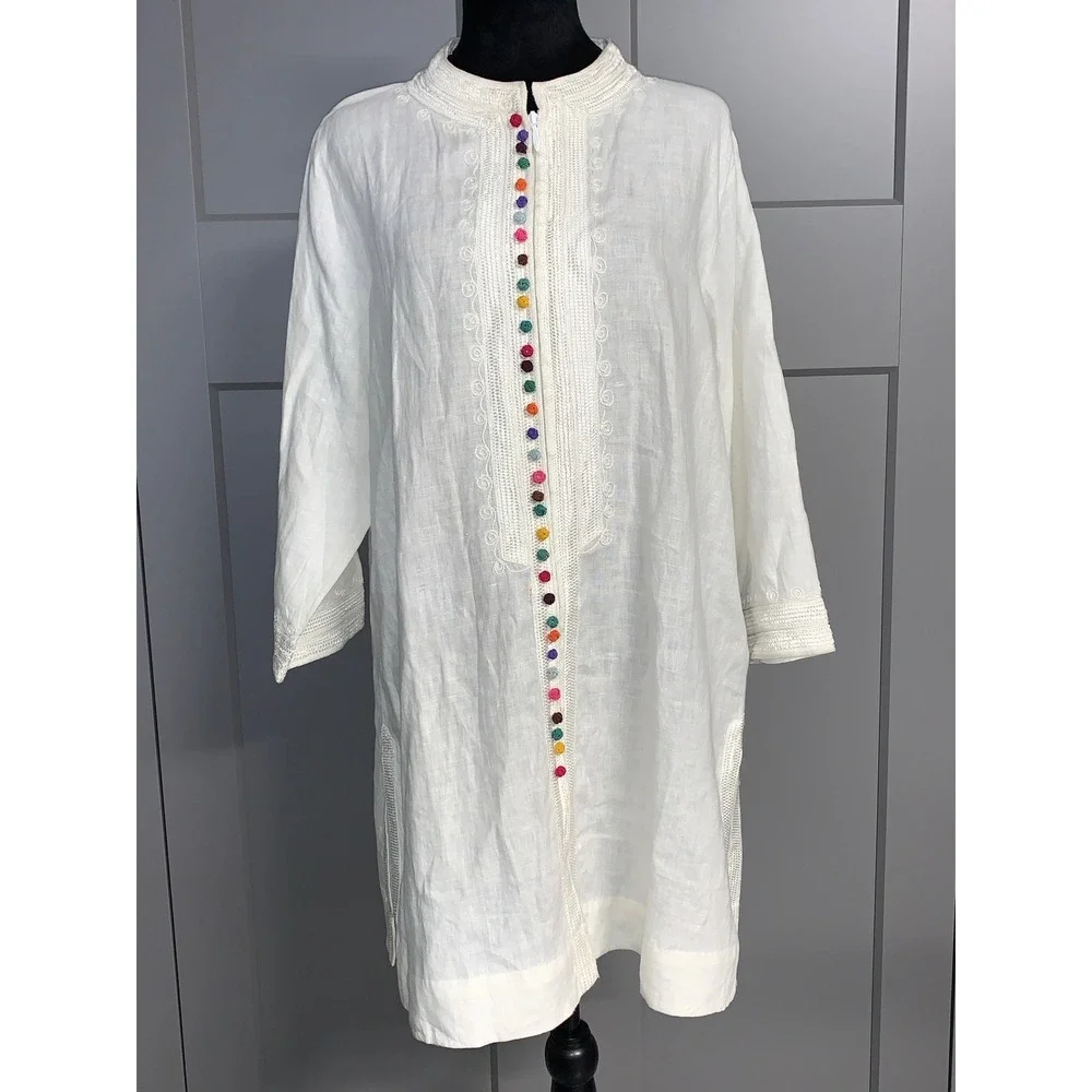 Soft Surroundings Linen Desert Tunic Top Embroidered Colorful Buttons India Sz L - Picture 2 of 8